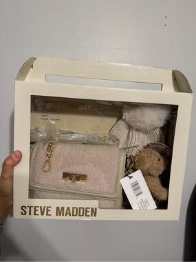 Steve Madden cream Crossbody & Pom Beanie Gift Set